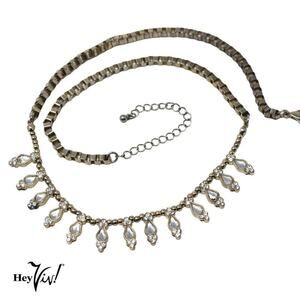 Vintage Elegant Box Chain Necklace with Teardrop Rhinestones 25" long - Hey Viv